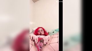 Big Titty Red Head Goth Girl Showing Off Pussy in Fishnets