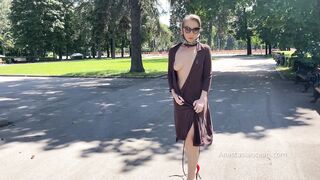 Stylish Lady walks naked in park. Public.