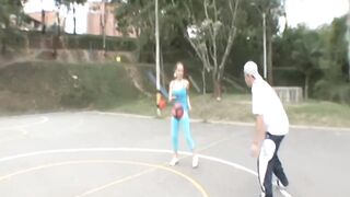 Busty cute petite teen plays on the court