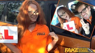 Fake Driving Instructor fucks his cute ginger teen student in the car and gives her a creampie