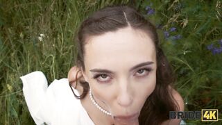 BRIDE4K. Pretty brunette bride fucks a horny shepherd in a summer field