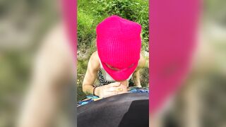 Ski mask girl sucks strangers cock in the woods