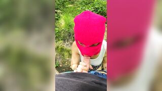 Ski mask girl sucks strangers cock in the woods