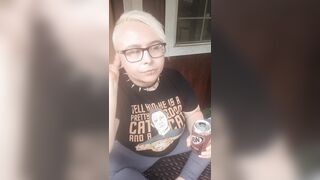 Nerdy Chubby Slut Smoking on Porch