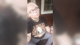 Nerdy Chubby Slut Smoking on Porch