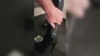 Slave workship oiled boots in shower