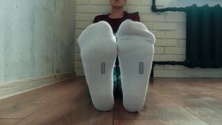 Girl in white socks show feet specially for you, foot worship pov