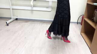 teacher is teaching a lesson at school, but one of students look only on her sexy shoes and heels