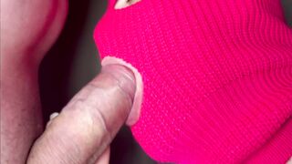 POV close-up blowjob big cock in pink mask, cumshot in mouth